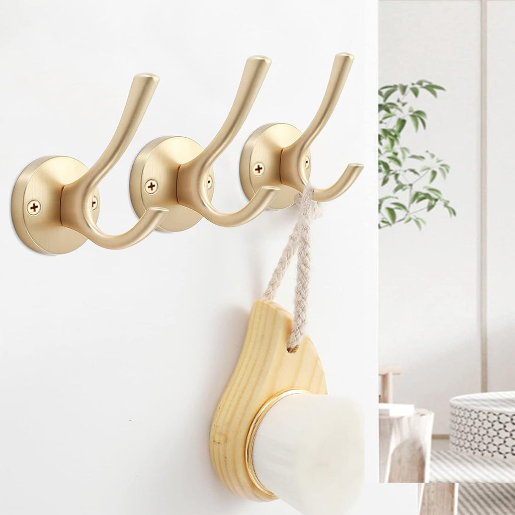 Gold Wall Hooks, 5 Pack Coat Robe Hook Heavy Duty Metal Double Bath Hook Wall Mounted, Hand Towel Hooks for Cubicle Bathroom Kitchen Closet Garage