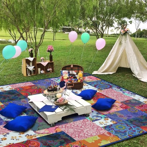 Supfitness Extra Large Picnic Blankets Waterproof Foldable (80 "x 80") Beach Blanket Waterproof Sandproof,3-Layer Thicking Mat Outdoor Packable Camping Blanket - color: Flower-4, size: 6'8" x 6'8" (Square)