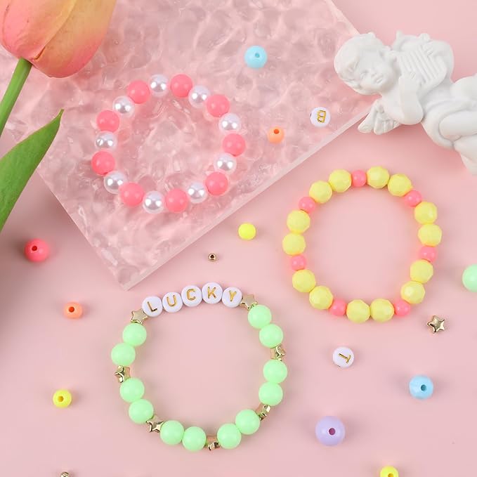 Candy Color Acrylic Beads Kit Pastel Round Beads Assorted Plastic Bead Kit Letter Pearl Colorful Elastic String CCB Cute Loose Spacer Bulk for Bracelets Necklace Jewelry Making DIY Crafts