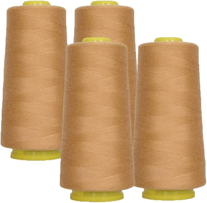 AK Trading 4-Pack Light TAN All Purpose Sewing Thread Cones (6000 Yards Each) of High Tensile Polyester Thread Spools for Sewing, Quilting, Serger Machines, Overlock, Merrow & Embroidery.