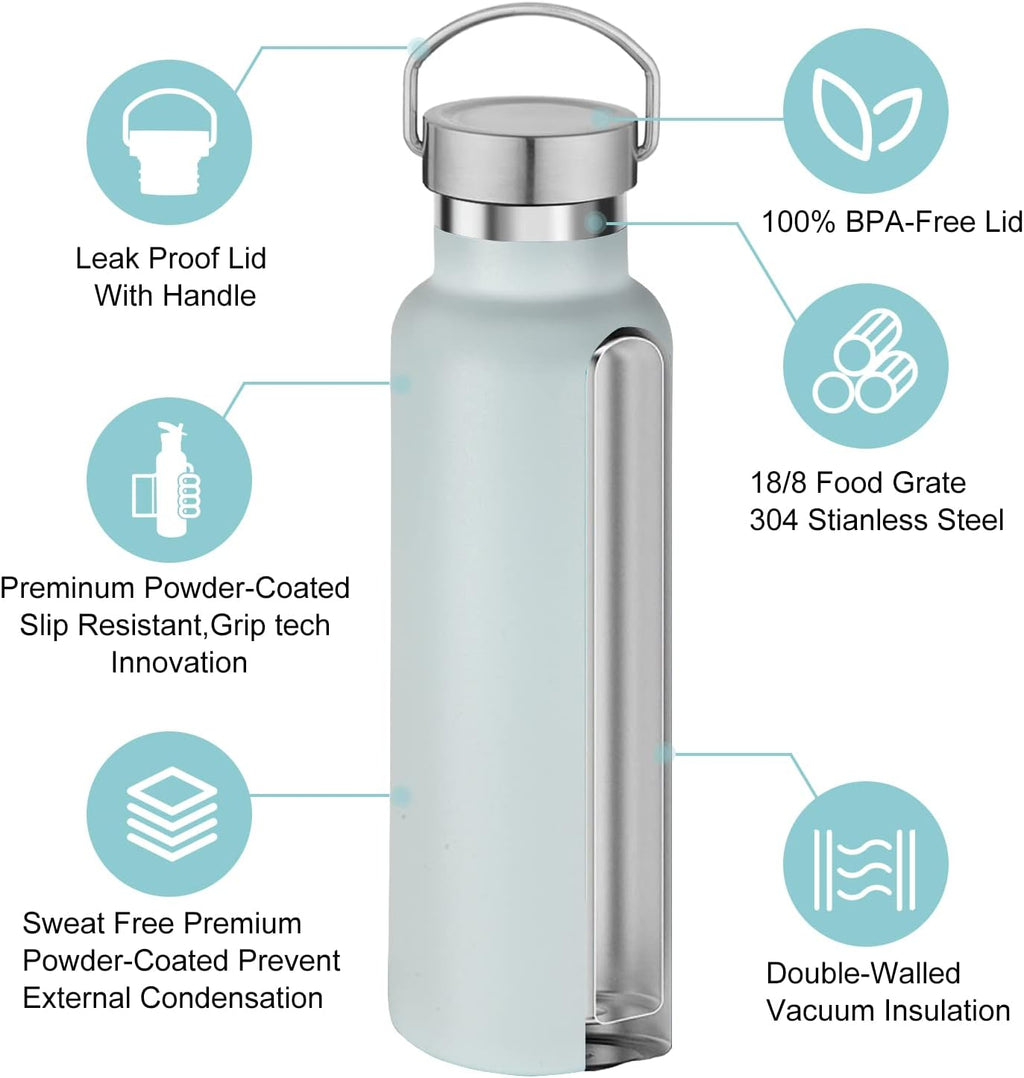 Neihepal 20 oz Insulated Water Bottles Bulk 4 Pack,Stainless Steel Double Wall Sport Bottle with Lid of Handle,Metal Reusable Thermoses Flask with Cup Cap for School,Hikers,Gift (Fog,Set of 4)