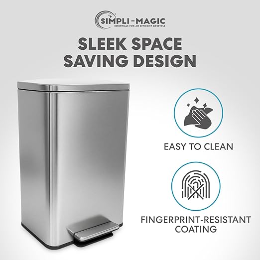 SIMPLI-MAGIC 50 Liter / 13.2 Gallon Soft-Close, Smudge Resistant Trash Can with Foot Pedal and Built in Filter- Stainless Steel, Sleek Finish