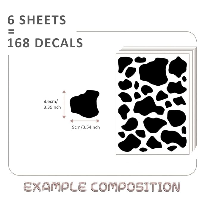 YouRfocus Farmhouse Cow Print Wall Decals | 6 Sheets of Black Vinyl Peel and Stick Wall Stickers for Bedroom, Living Room, Bathroom | Wall Decor for Home, Cars, Cups