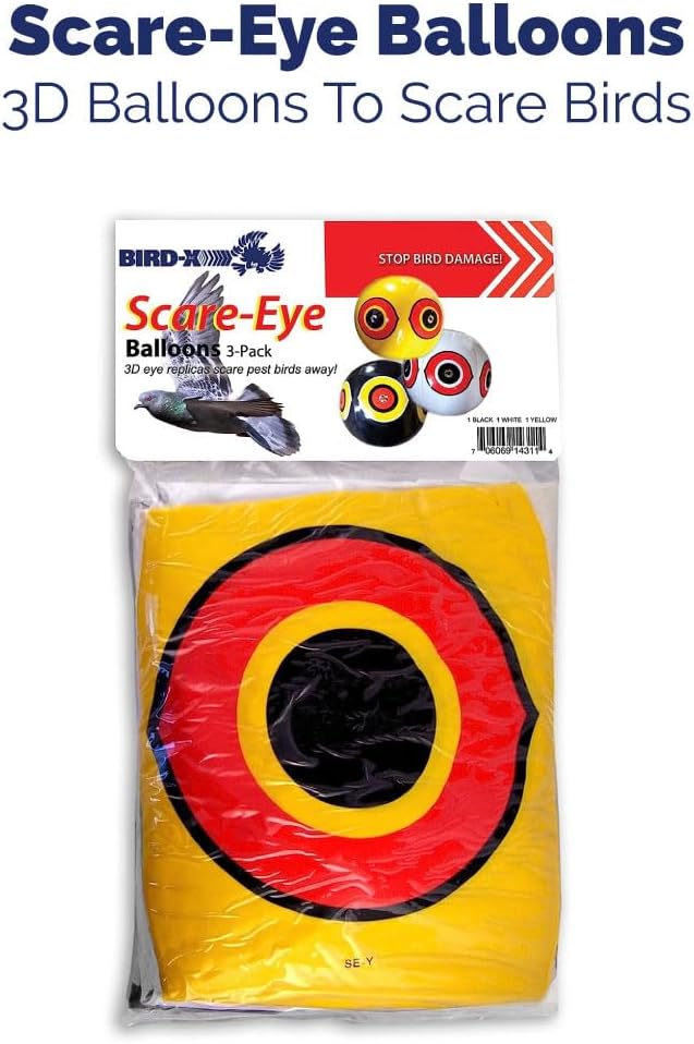 Bird-X Scare-Eye Balloons, Predator 3D Eye Balloons with Glaring, Bright Colors, Cover up to 6,000 sq. ft. Area, Pack of 3, Yellow, White, and Black