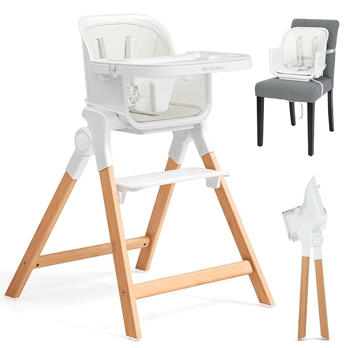 Ezebaby Folding Wooden High Chairs, 3-in-1 Convertible Baby High Chair, Dining Booster Seat, Toddler Chair, Easy Clean High Chairs for Babies and Toddlers with Large Adjustable Tray- Solid White