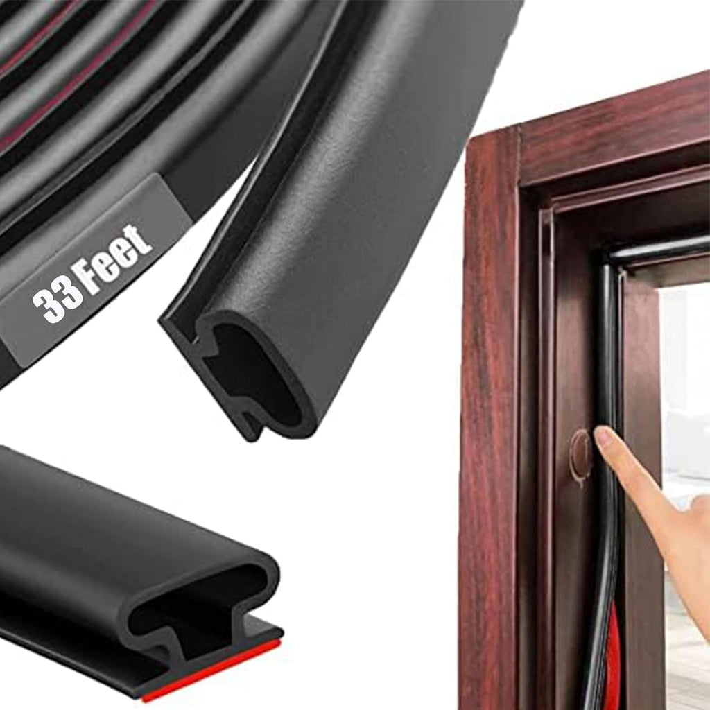 Black Rubber Weather Stripping Door Seal Strip, D Shape Door Rubber Weather Seal Strip, Self-Adhesive Door Weatherstripping Soundproofing Door Seal Strip for Windows (33 feet, Black),(pundin-1)