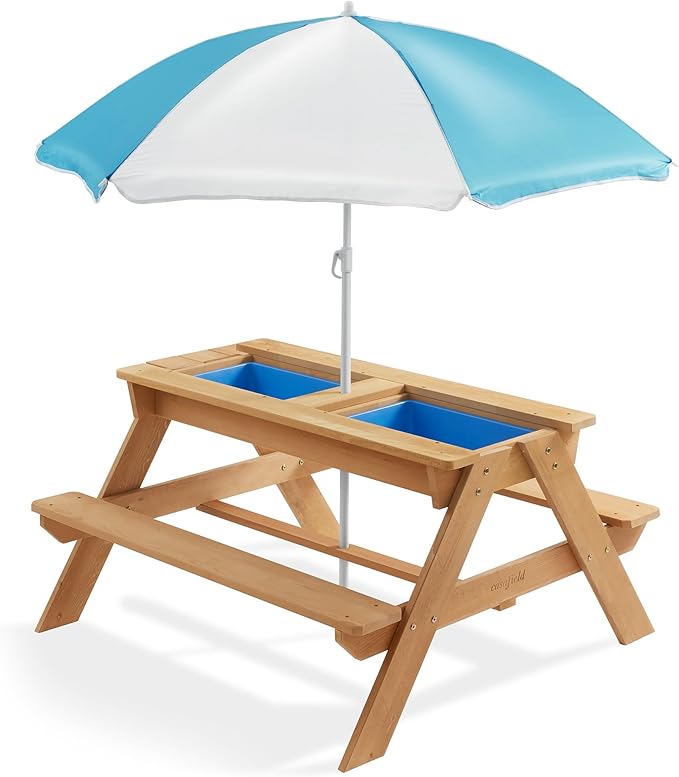 Casafield Children's Sand and Water Activity Table, 3-in-1 Wooden Outdoor Picnic Table with Umbrella, 2 Play Boxes and Removable Lid, Natural