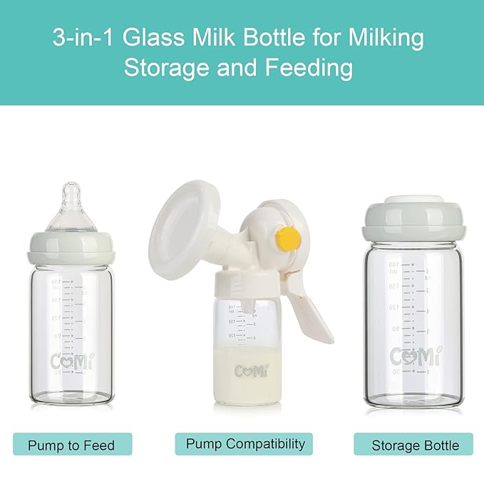 COMI Wide Neck Glass Breastmilk Collection n Storage Bottle, 6oz with Screw Ring Sealing Disk; Re-markable Sealing Disc. BPA Free, Fits Breast Pumps & Nipples (2 Pack Gray Lids)
