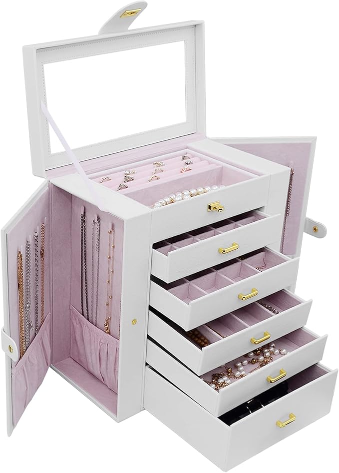 AKOZLIN Extra Large 6-Tier Jewelry Box Organizer with Mirror, 5 Drawers Leather Jewelry Storage Case for Women Girls Ring Necklace Earring Bracelet White