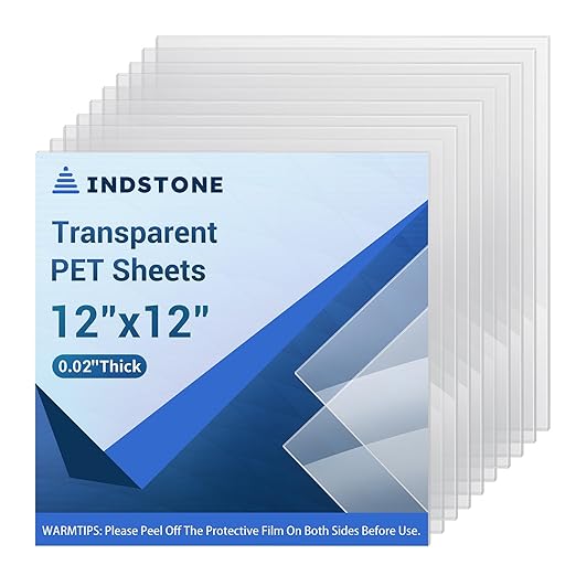 10 Pack 12”x12” x0.02” Clear PET/Plexiglass Sheet, Transparent Flexible Plastic Sheet 12x12, 0.02” Clear Plastic Sheet for Crafts, Picture Frames, Painting, Sign Blank