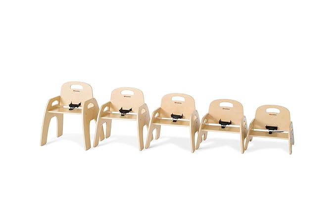 Foundations Simple Sitter 7” Low Wood Feeding Chairs, Wide No-Tip Base, Adjustable Safety Harness, Stackable Wood Toddler Chairs with Food Service Grade Finish, 2 Pack