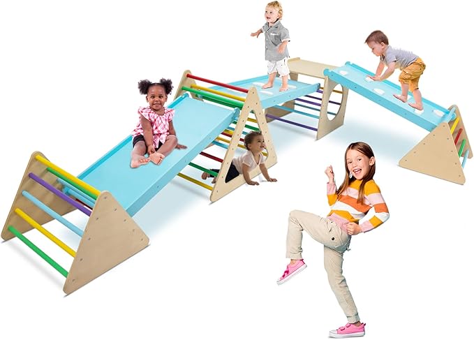 GOME Set of 7 Baby Triangle Climbing Gym Toys Indoor for Toddler Set, 1 Square and 3 Triangle Climber with 3 Ramp for Climbing Sliding and Walking, 7 in 1 Toddler Play Equipment for Indoor Playground