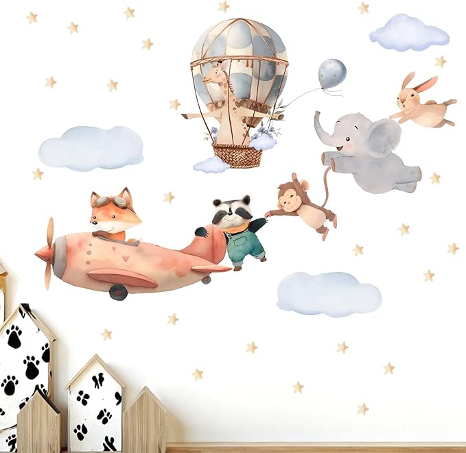 Animals Airplane Wall Stickers for Nursery: Baby Kids Bedroom Wall Decals - Aircrafts Hot Air Balloon Elephant Fox Giraffe Monkey
