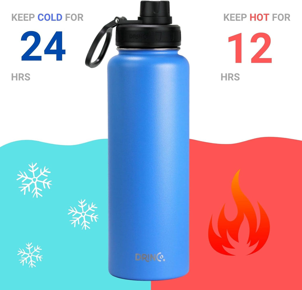 DRINCO Stainless Steel Water Bottle Spout Lid Vacuum Insulated Double Wall Water Bottle Wide Mouth (40oz 32oz 22oz 18oz 14oz) Leak Proof Keeps Cold or Hot (40 oz, 40oz Royal Blue)