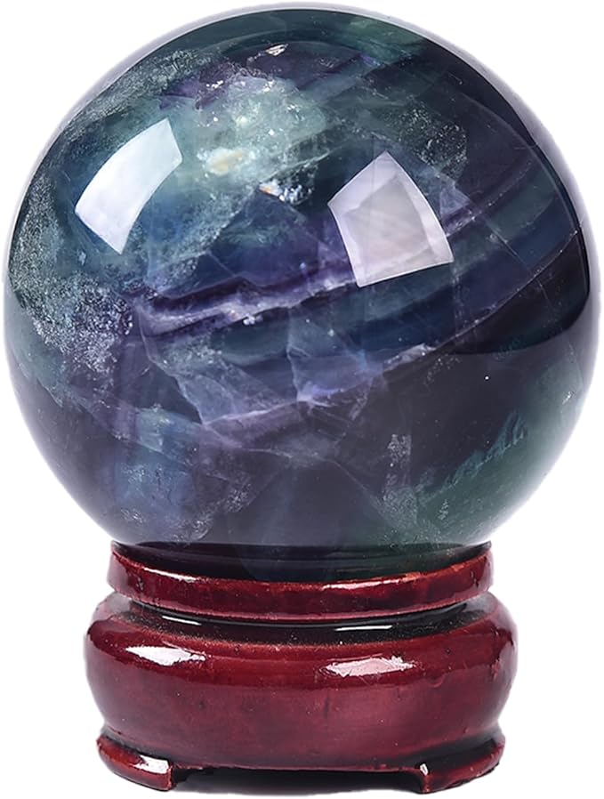 JIC Gem Natural Colorful Fluorite Crystal Sphere Crystal Decorative Ball with Wooden Stand Meditation Balls for Witchcraft Reiki Gift 60-70mm