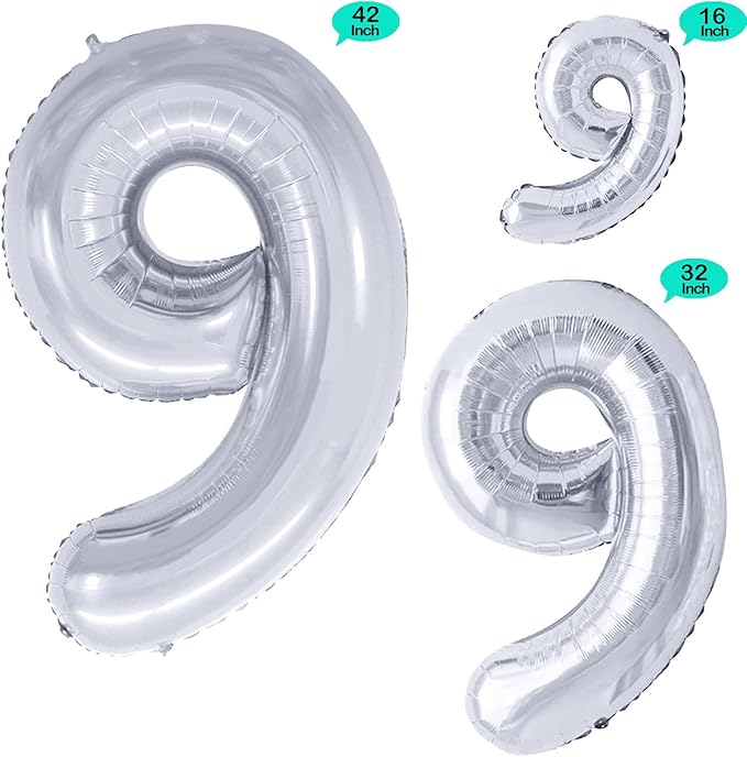 GOER Silver Foil Balloons Number 9,Huge Number Balloons for 9th Birthday Party Supplies Anniversary Decorations(3 pcs,42 inch,32 inc,16inch)