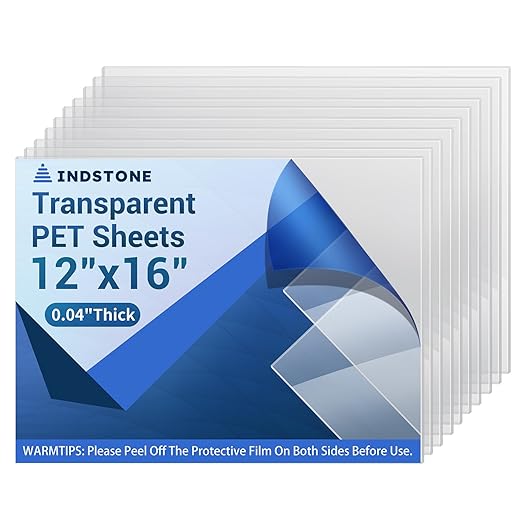 10 Pack 12”x16” x0.04” Clear PET/Plexiglass Sheet, INDSTONE Transparent Flexible Plastic Sheet 12x16, Clear Plastic Sheet for Crafts, Picture Frames, Painting, Sign Blank