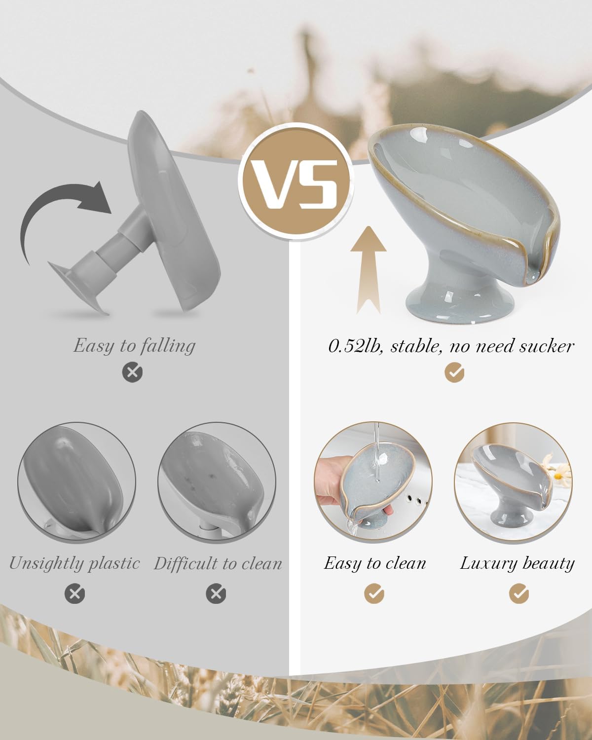 Soap Dish, Self Draining Bar Soap Holder for Bathroom Sink, Leaf Shaped Drainage Ceramic Porcelain Decorative Soap Dish, No Suction Cup, Kiln Stone Gray, ANTIS'S HOME