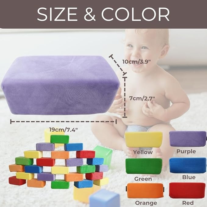 Wonder Space Plush Foam Blocks - Nursery Building & Stacking Toys for Toddlers Boys & Girls, Soft Smooth Velvet Cover, Early Education Gross Motor Skills & Brain Development (24 Bricks, Classic)