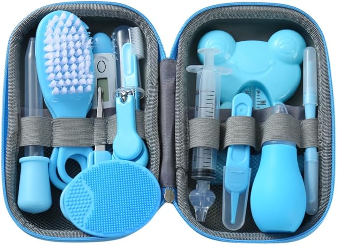 PandaEar Baby Healthcare and Grooming Kit, Baby Safety Set Baby Comb, Brush, Finger Toothbrush, Nail Clippers, Scissors, Nasal Aspirator, Baby Essentials Nursery Care Kit (13-in-1 Blue)