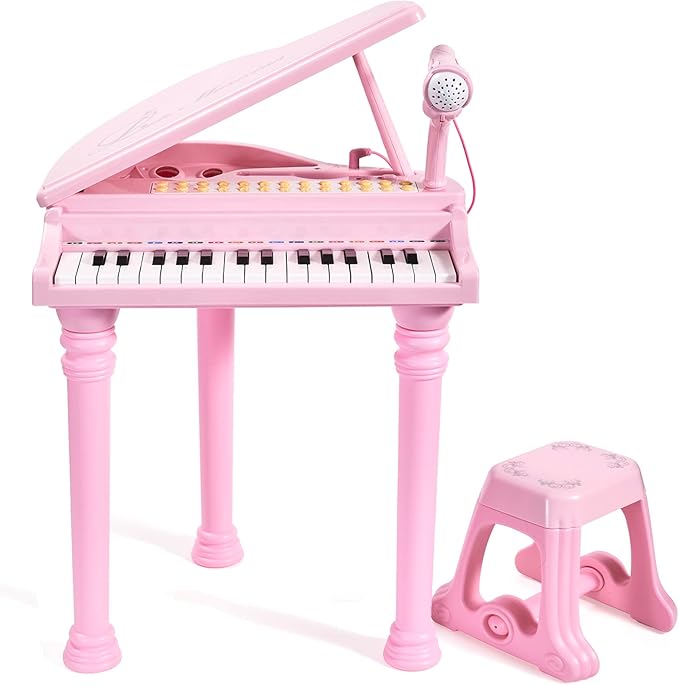 31 Keys Piano Keyboard Toy for Kids, Birthday Gift for 1 2 Year Old Girls，Pink Musical Piano Toy for Toddlers with Microphone and Stool