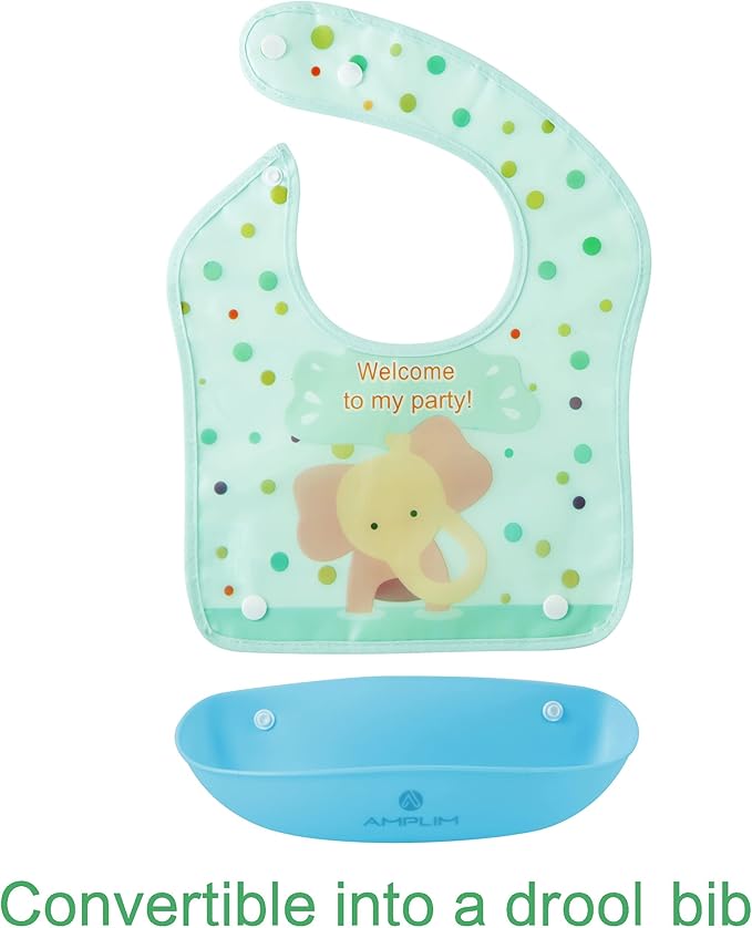 Amplim Baby Feeding Bib (3-Pack) Toddler/Baby Bibs for Eating. Waterproof, Adjustable, Lightweight. Eco-friendly PEVA material. BPA, Lead, Phthalate, Cadmium free