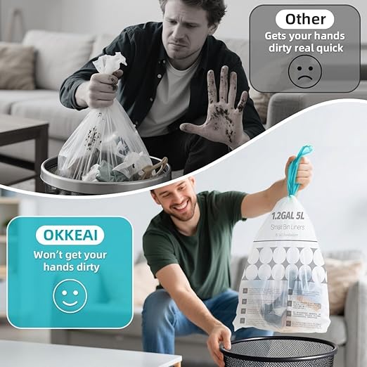 OKKEAI 1.2 Gallon Mini Drawstring Trash Bags, Small Bathroom Garbage Bags 5L – Leak-Proof Tear-Resistant Wastebasket Liners for Bathroom, Office 70 Count
