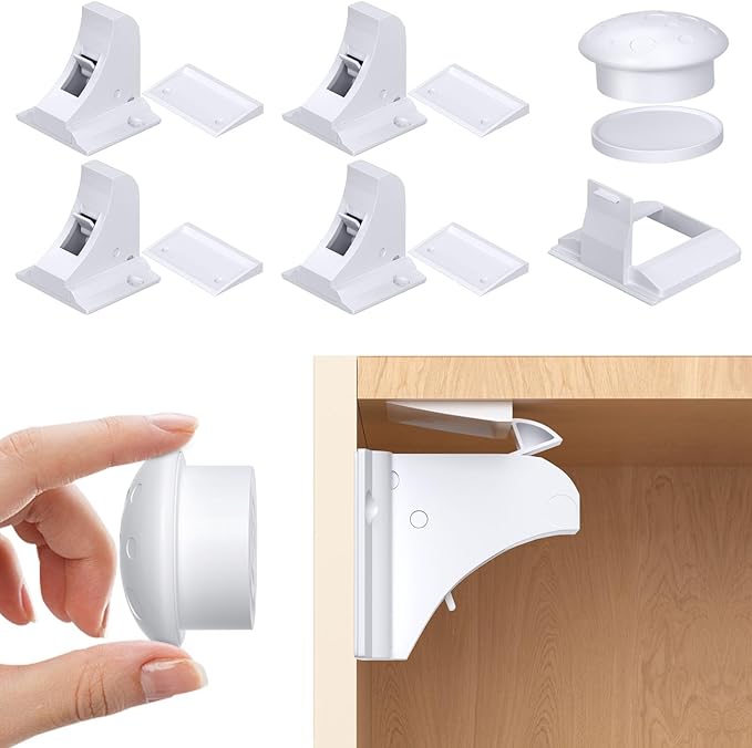 Child Safety Magnetic Cabinet Locks 4 Pack+ Key-AOSITE Baby Proofing Magnetic Drawer Locks for Kitchen with Adhesive No Drilling or Screws Fixed, Baby Safety Cabinet Locks