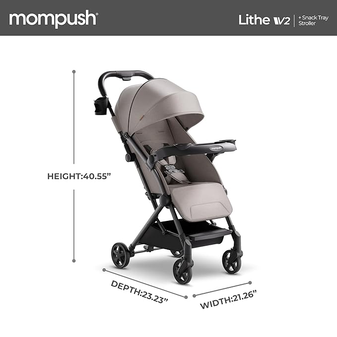 Mompush Lithe V2 Lightweight Travel Stroller, Compact Foldable Baby Stroller with Travel Bag, One-Hand Fold Stroller, Snack Tray, Mechanical Recline Seat, Airplane-Ready, UPF 50+ Canopy & Rain Cover