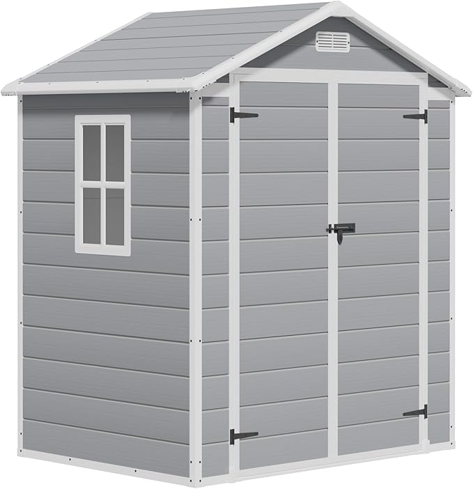 Greesum Outdoor Storage Shed 6X4FT All-Weather Resin Tool Room with Floor for Garden,Backyard,Pool Tool, Light Grey
