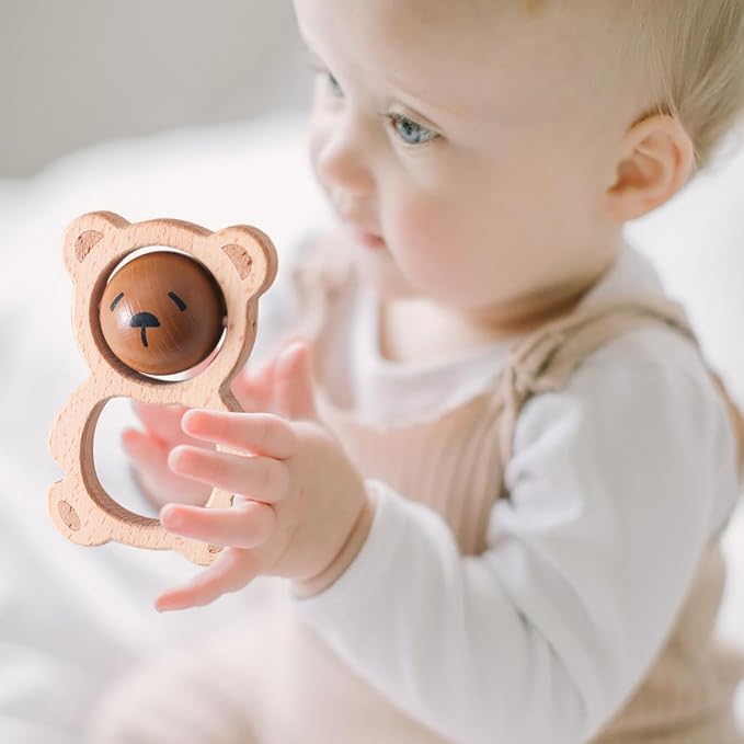 Wooden Baby Rattle Toys, Newborn Rattle Toys 0-12 Months Handmade Baby Clutching Toys | Natural Wooden Baby Teething Toys | Baby Shower/Birthday Gifts (Cute Bear Rattle)