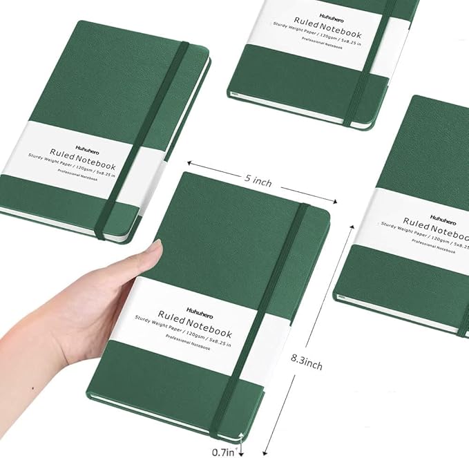 Huhuhero Notebooks Journal, Ruled Notebook, Premium Thick Paper Lined Journal, Black Hardcover Notebook for Office Home School Business Writing Note Taking Journaling, 5"×8.25" (5, Green)
