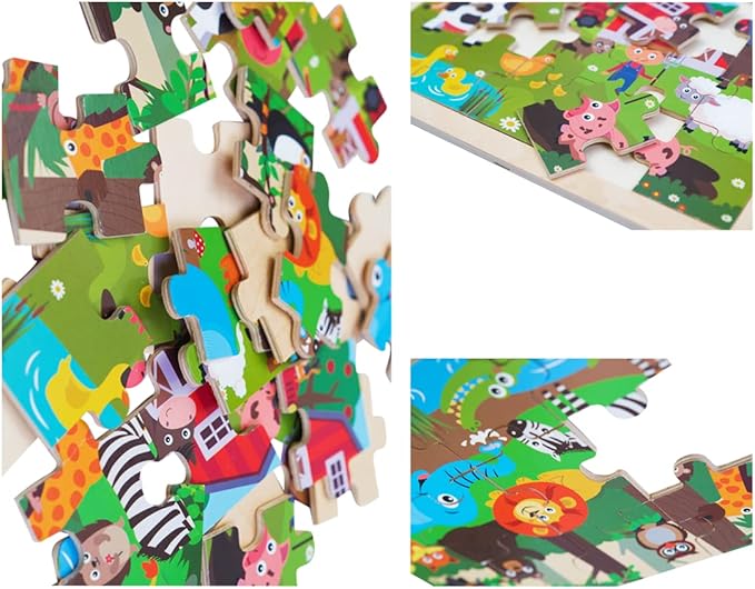 Animals Wooden Jigsaw Puzzle for Kids Set of 2 - African Wildlife and Farm Animals（15 pcs） Preschool Educational Learning Toys Gift for Toddlers Boys and Girls