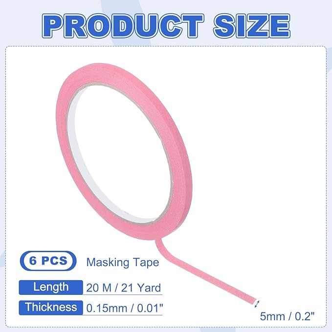 MECCANIXITY Masking Tape 0.2 Inch x 21 Yard Painter's Tape Pink Paint Tapes for DIY Crafts Arts Drawing Decoration Labeling Car Painting Artist Teachers, Pack of 6