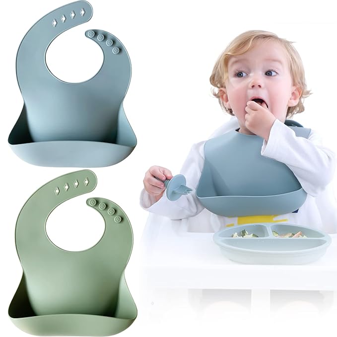Moonkie Silicone Baby Bibs Set Of 2 | BPA Free Waterproof | Soft Flexible Adjustable Silicone Bibs for Babies & Toddlers(Ether/Sage)