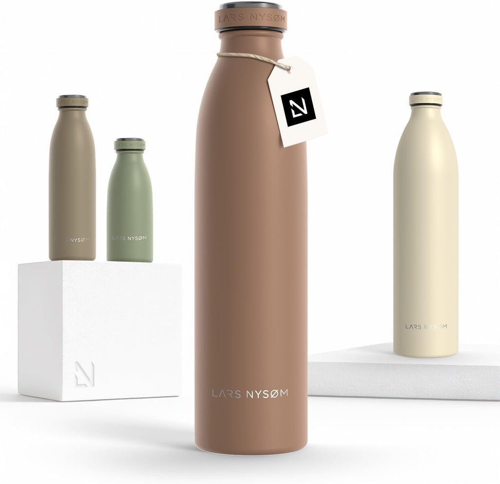 LARS NYSØM Stainless Steel Insulated Water Bottle 12oz 17oz 25oz 34oz 51oz | Insulated Thermo Flask for Hot and Cold Beverages | Leakproof Drinking Bottle (Mocha Brown, 25.4oz)
