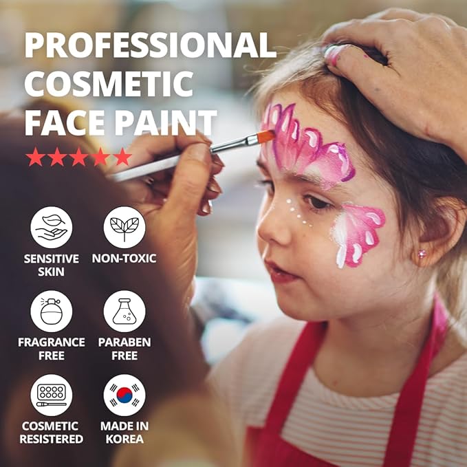 Grida Face Painting Kit for Kids - Grida Professional Party Kit Night Pack with 12 Skin-Safe, Vegan, Cruelty-Free, 2 Art Brushes, 1 Palette - Easy-Remove Face Paint & Glow in Dark Effect