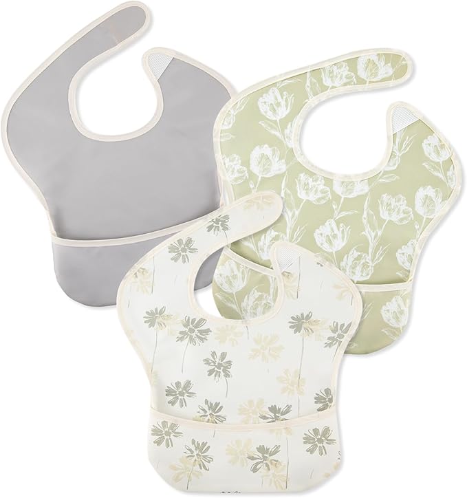 Mess Proof Baby Bib 3 Pack, Waterproof Led Weaning Baby Feeding Bibs with Food Catcher, Travel Feeding Bibs