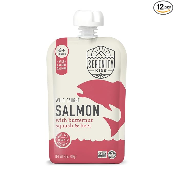 Serenity Kids 6+ Month Salmon Baby Food Pouches - Wild-Caught Salmon & Organic Butternut Squash & Beet Puree - BPA-Free Food Pouches for Baby - 3.5 Oz, 12 Pack