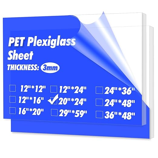 Art3d (2 Pack) 1/8" Thick Plexiglass Sheets - 20" x 24" PET Clear Acrylic Sheets for Art Design，Craft Projects, Signs, DIY in Home, Wedding, Festival,Party,Office