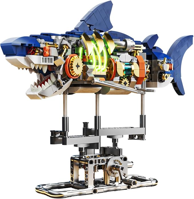 Mechanical Shark Building Set with LED Light, 687 PCS Movable Ocean Animal with Display Stand, Sea Fish Building Block Toy, Home Decor Gift for Adults Teens Kids Boys Ages 12+