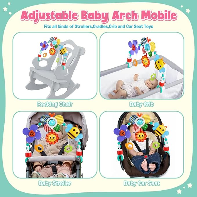 Baby Stroller Arch Toys,Adjustable Crib Mobile for Bassinet with Sensory Play Accessories and Hanging Toys,Baby Travel Car Seat Toys for Toddler Boy Girl 0 3 6 9 12 24 Months