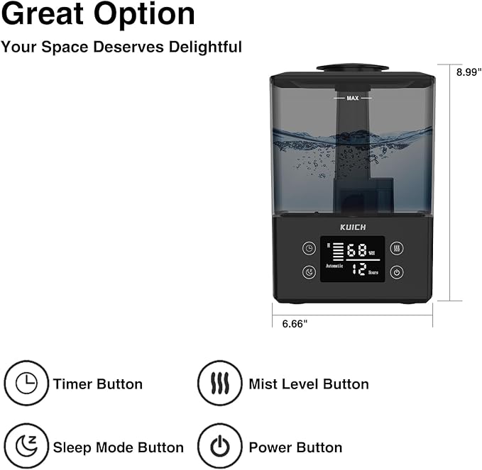 Air Humidifiers for Bedroom and Baby, Home & Plants - KUICH 2.4L Cool Mist Humidifiers for Nursery, 26db Quiet Top Fill Air Humidifier Lasts Up to 30 Hours, Auto Shut-Off, Easy to Fill and Clean,Black