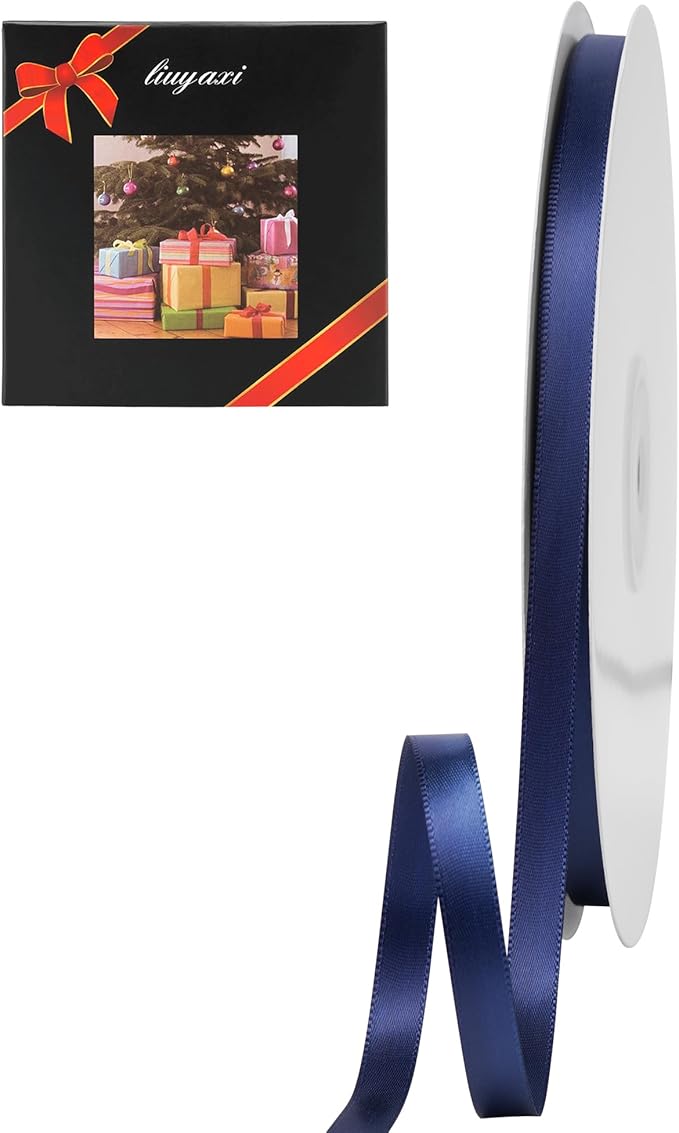 LIUYAXI Navy Blue Double Faced Satin Ribbon, 1/4" X Continuous 50 Yards, Thin Ribbons Perfect for Gift Wrapping Wedding Invitation Card Hair Bows Tag Floral Arrangement DIY Craft