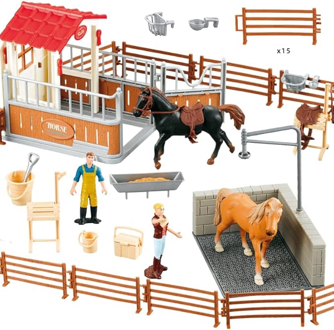 Peagrav Horse Stable Playset with Rider, Wash Area, Fence & Animal Figures - Gifts for Girls & Boys Aged 3-8