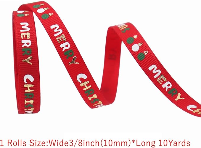 Christmas Gift Wrapping Ribbon, Red, Green, 2 Rolls Printed Grosgrain Ribbons for Crafts, Floral Bouquets, Sewing, Party and Festive Holiday Decor (2 Rolls(White/Red) A, 1 Rolls=3/8in * 10Yards)