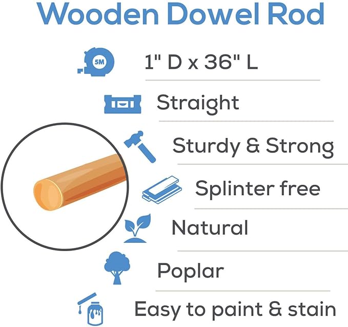 Wooden Dowel Rod, 1 Inch x 36 Inch Wood Dowels, Pack of 5 Wooden Dowels for Crafts, Unfinished Hardwood Wooden Dowels Rods, Strong Wood Rod Dowels for Crafting and DIYers
