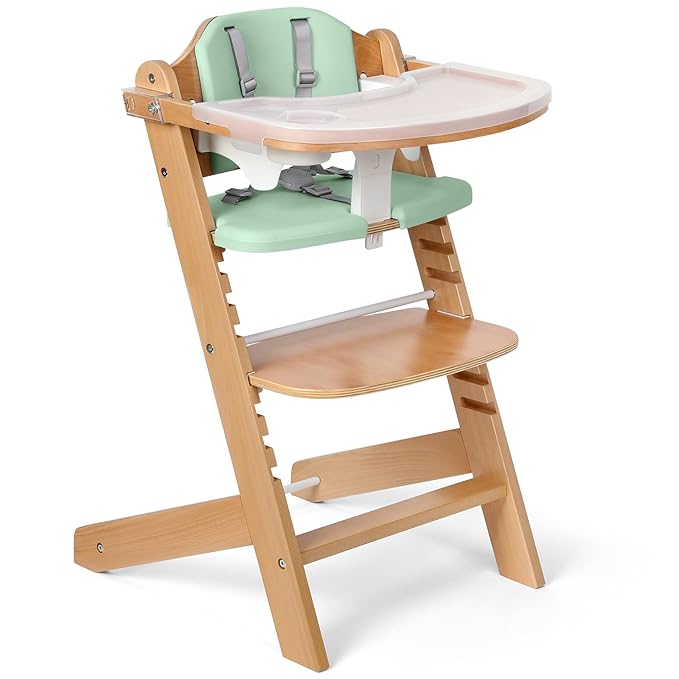 Cowiewie Natural Wooden High Chair for Babies & Toddlers 3-Tier Remove Adjustable Tray and Highchair with Cushions, Easy to Clean, Portable(Green)