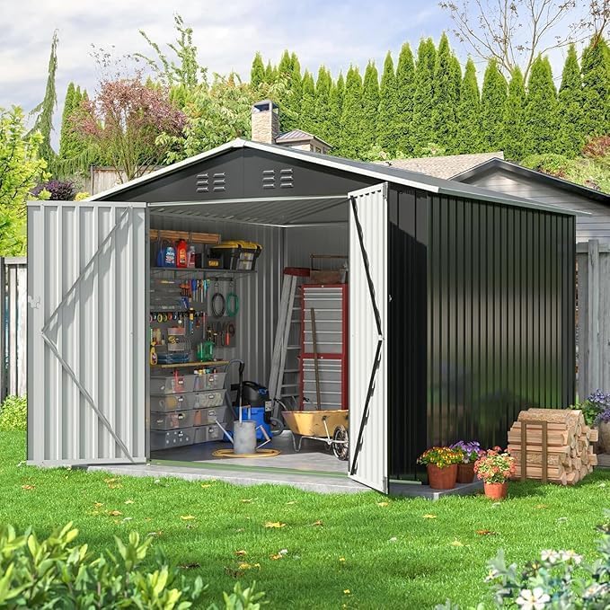 Polar Aurora Outdoor Storage Shed, Metal Garden Shed with Updated Frame Structure, Tool Sheds for Backyard Garden Patio Lawn (Black, 8x8 FT)