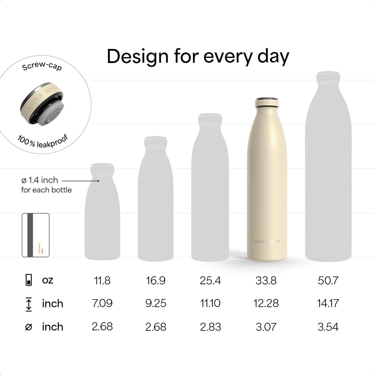 LARS NYSØM Stainless Steel Insulated Water Bottle 12oz 17oz 25oz 34oz 51oz | Insulated Thermo Flask for Hot and Cold Beverages | Leakproof Drinking Bottle (Almond Beige, 33.9oz)